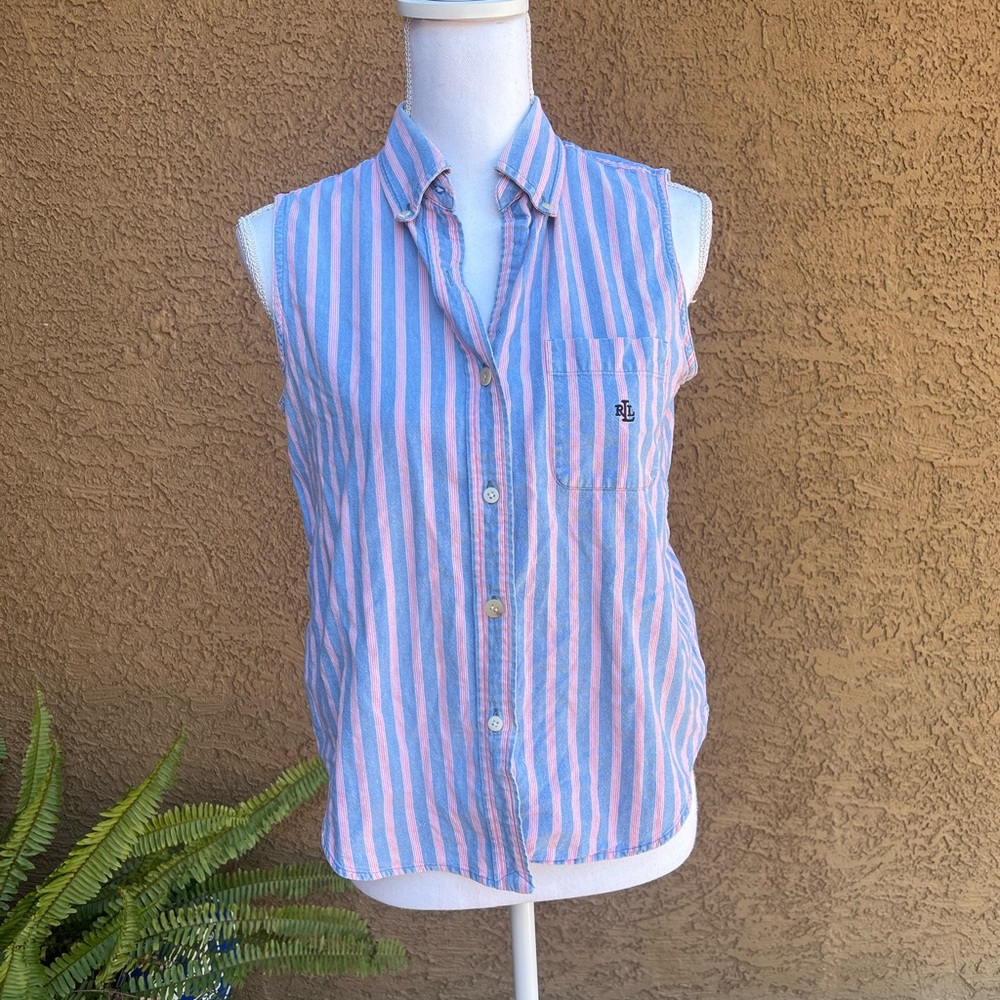 Lauren Ralph Lauren Blue and Pink Striped Sleeveless Shirt